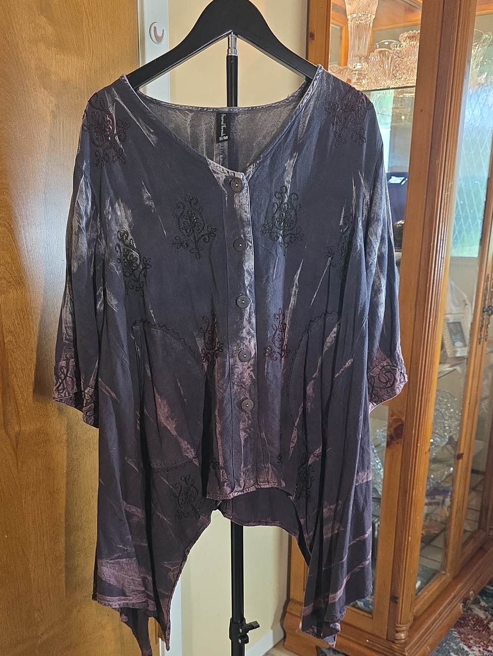 Sacred Threads Embroidered Button Front Tunic Charcoal Gray Dusty Rose Size S/M
